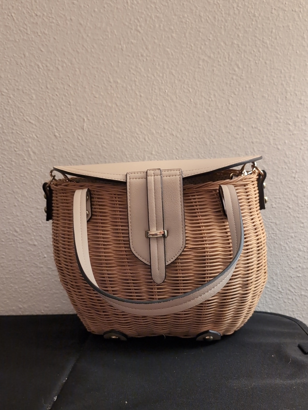 Woven Rattan Tote Handbag with Cream Leather Trim
